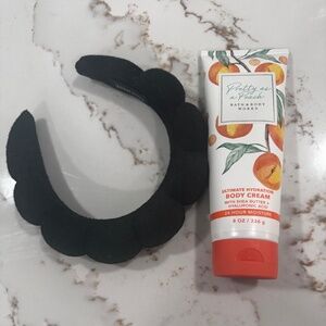 NEW PRETTY AS A  PEACH BODY LOTION & HANDMADE HEADBAND FOR FACE WASHING/MAKEUP